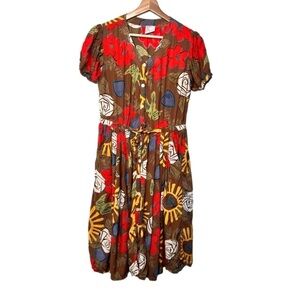 Rene Derby for Cotton Collection Womens Size Medium Brown Floral Dress Retro